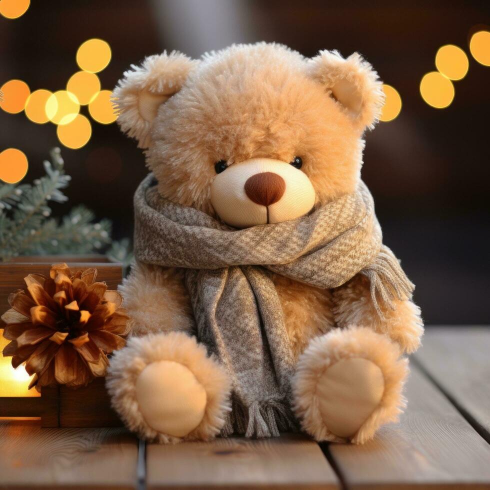 AI generated a bear in a scarf on a wooden table photo
