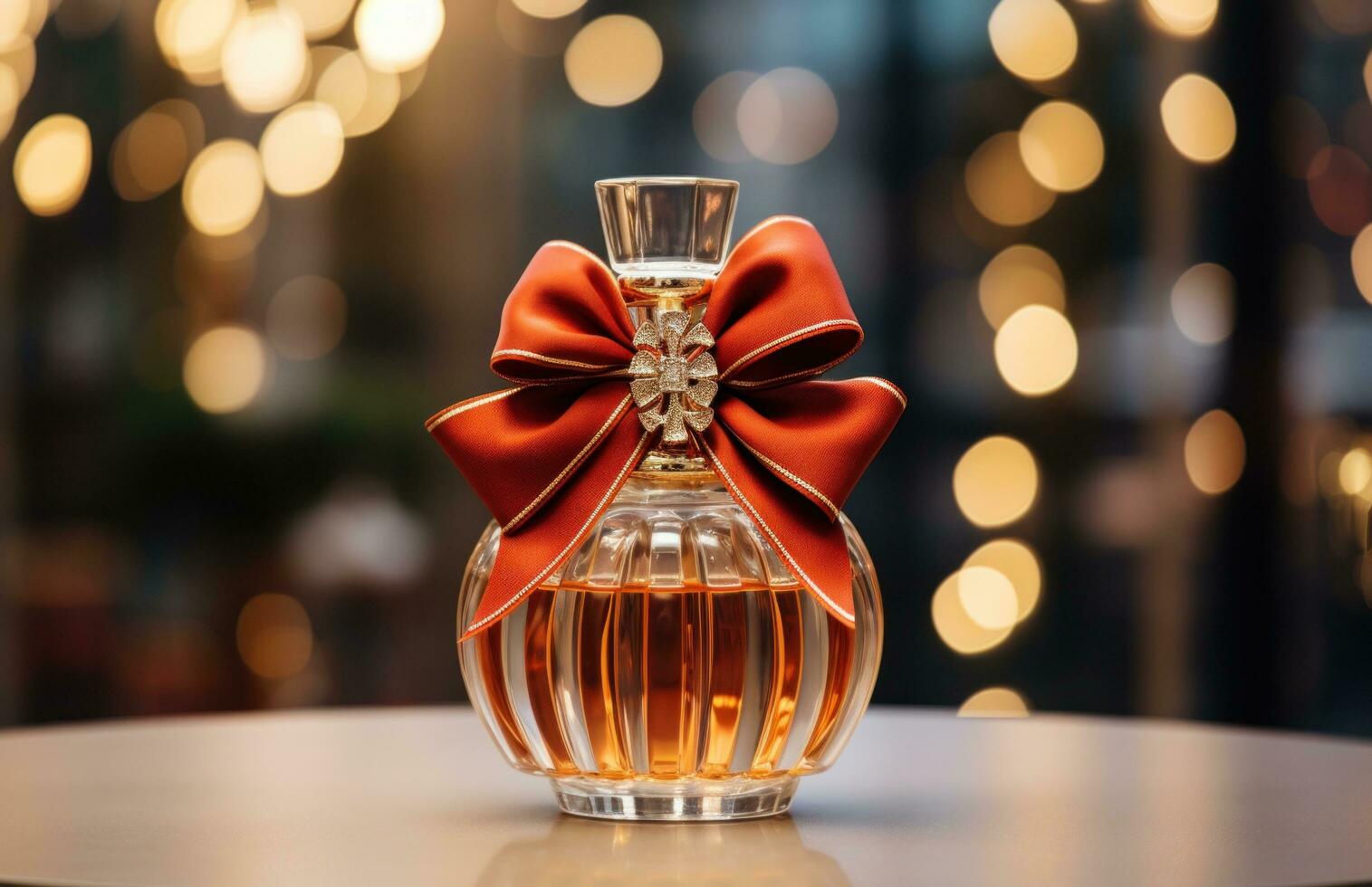 AI generated christmas perfume bottle with bow on a silver surface with red ribbon photo