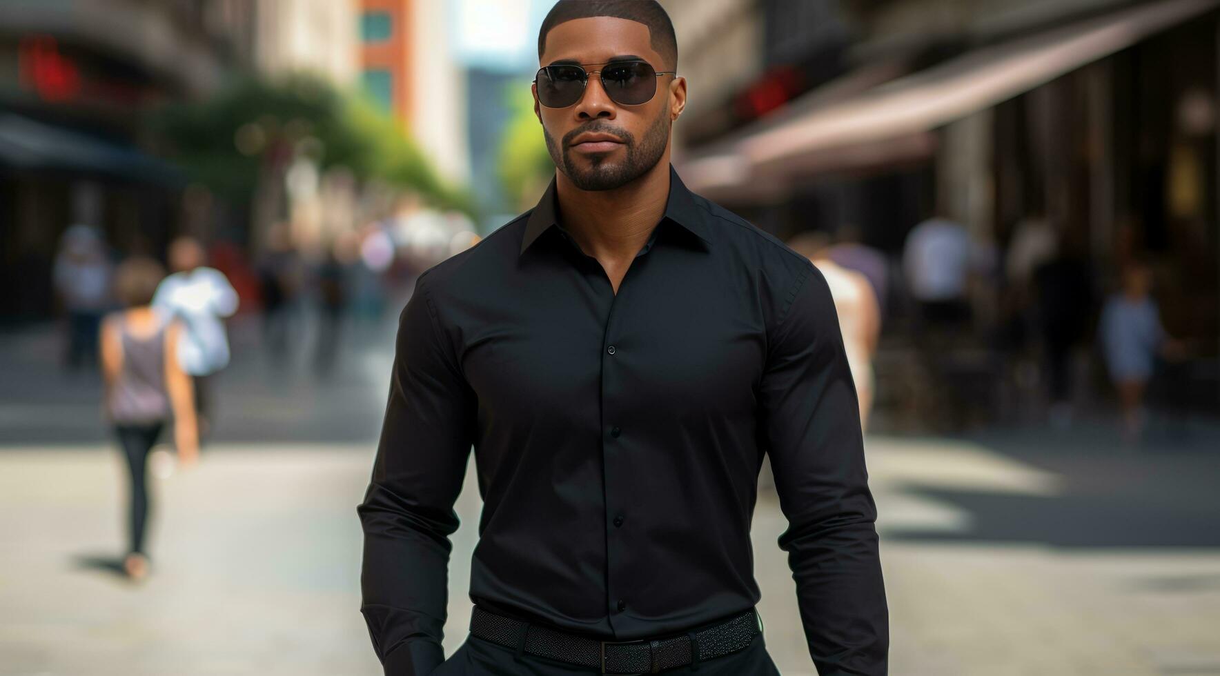 AI generated black man in city street shirt photo