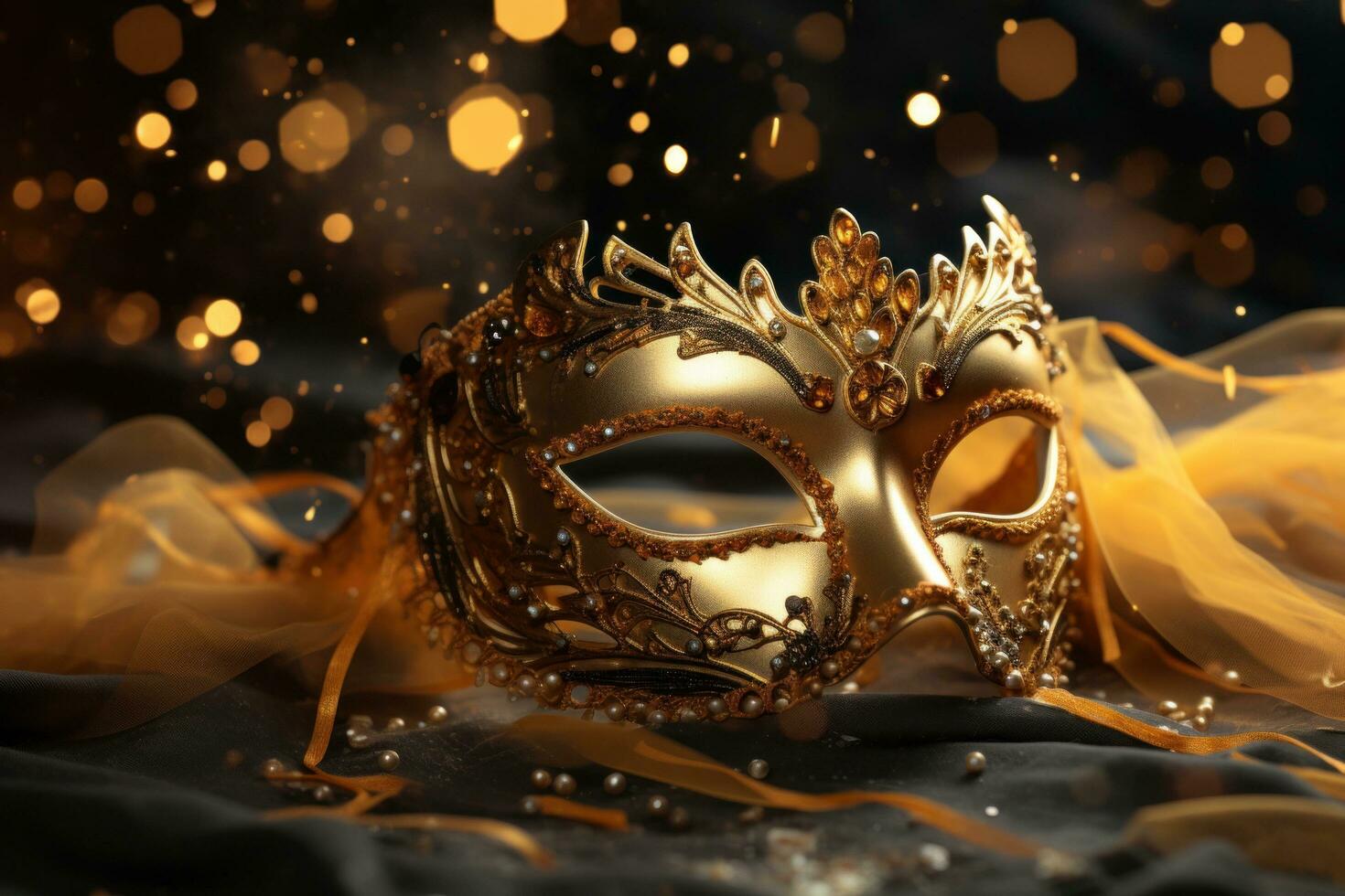 AI generated a yellow and gold masquerade mask with bling in gold and silver photo