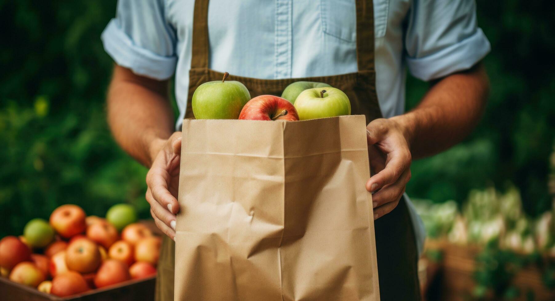 AI generated a man in a apron holding a paper bag with fruit and vegetables inside photo