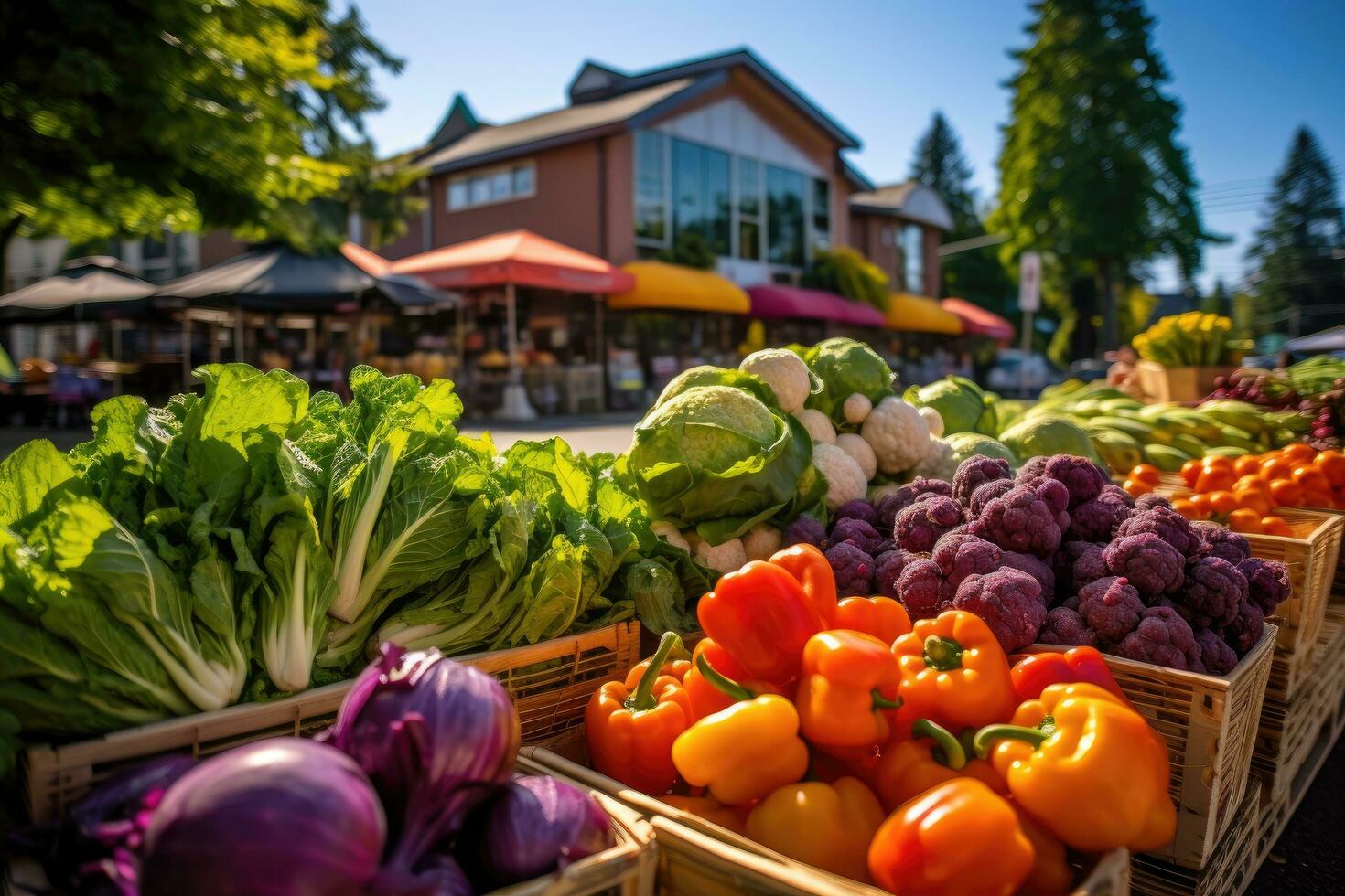 AI generated Colorful fresh vegetables at the farmers market. Healthy food concept, A bustling farmer's market scene with a diversity of vendors and customers, AI Generated photo