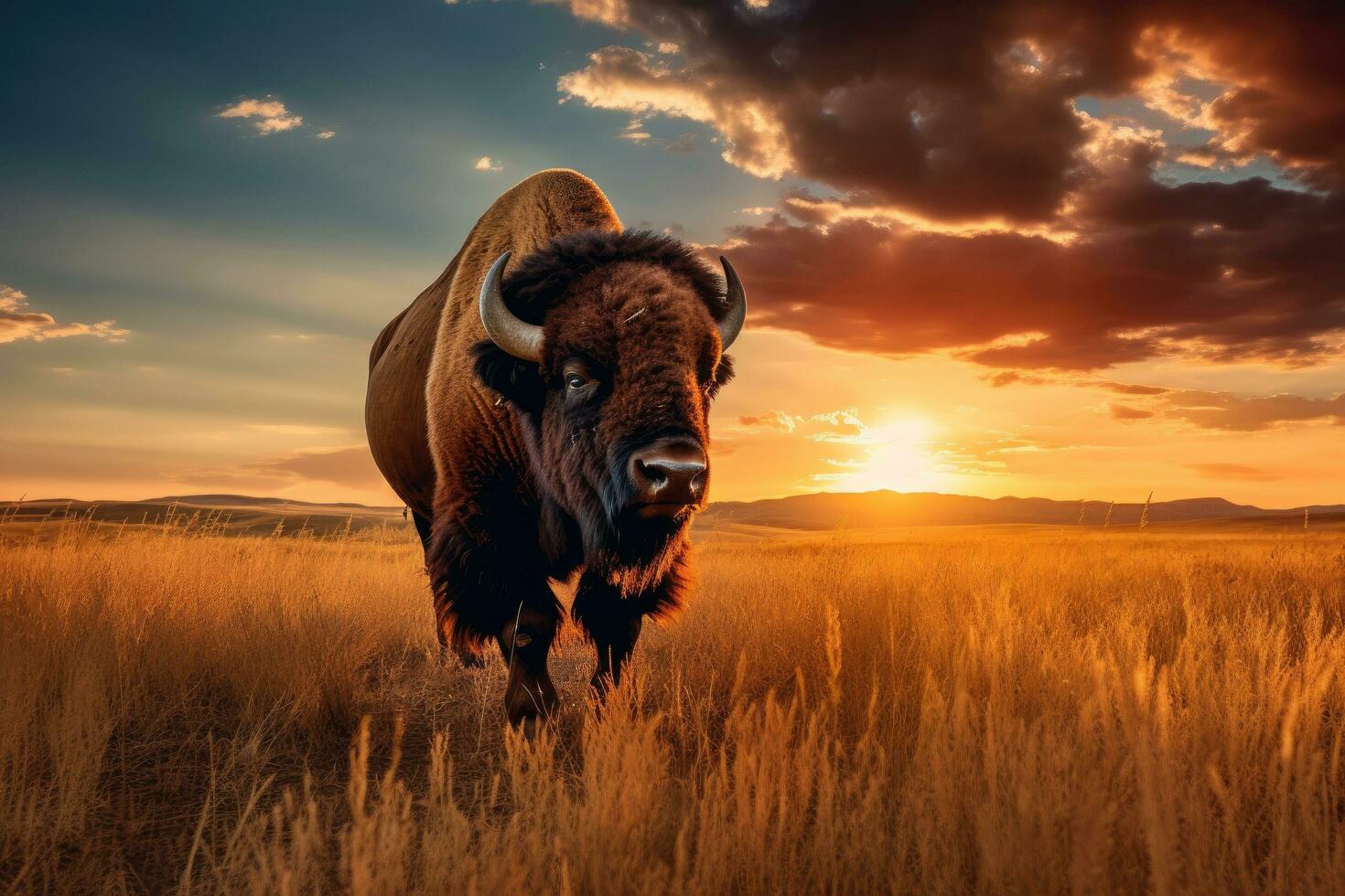 AI generated Bison in the grassland at sunset, Yellowstone National Park, Wyoming, USA, A bison roaming across a grassland plateau during the setting sun, AI Generated photo