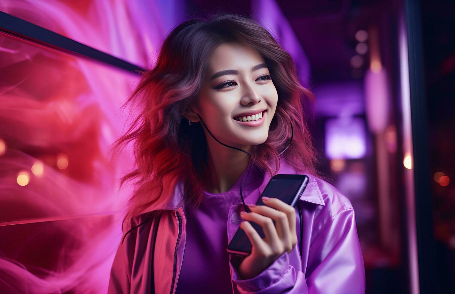 AI generated a girl dressed in purple talking on her phone photo