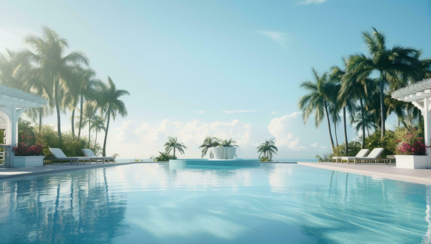 AI generated a view of a pristine swimming pool with palm trees and water photo