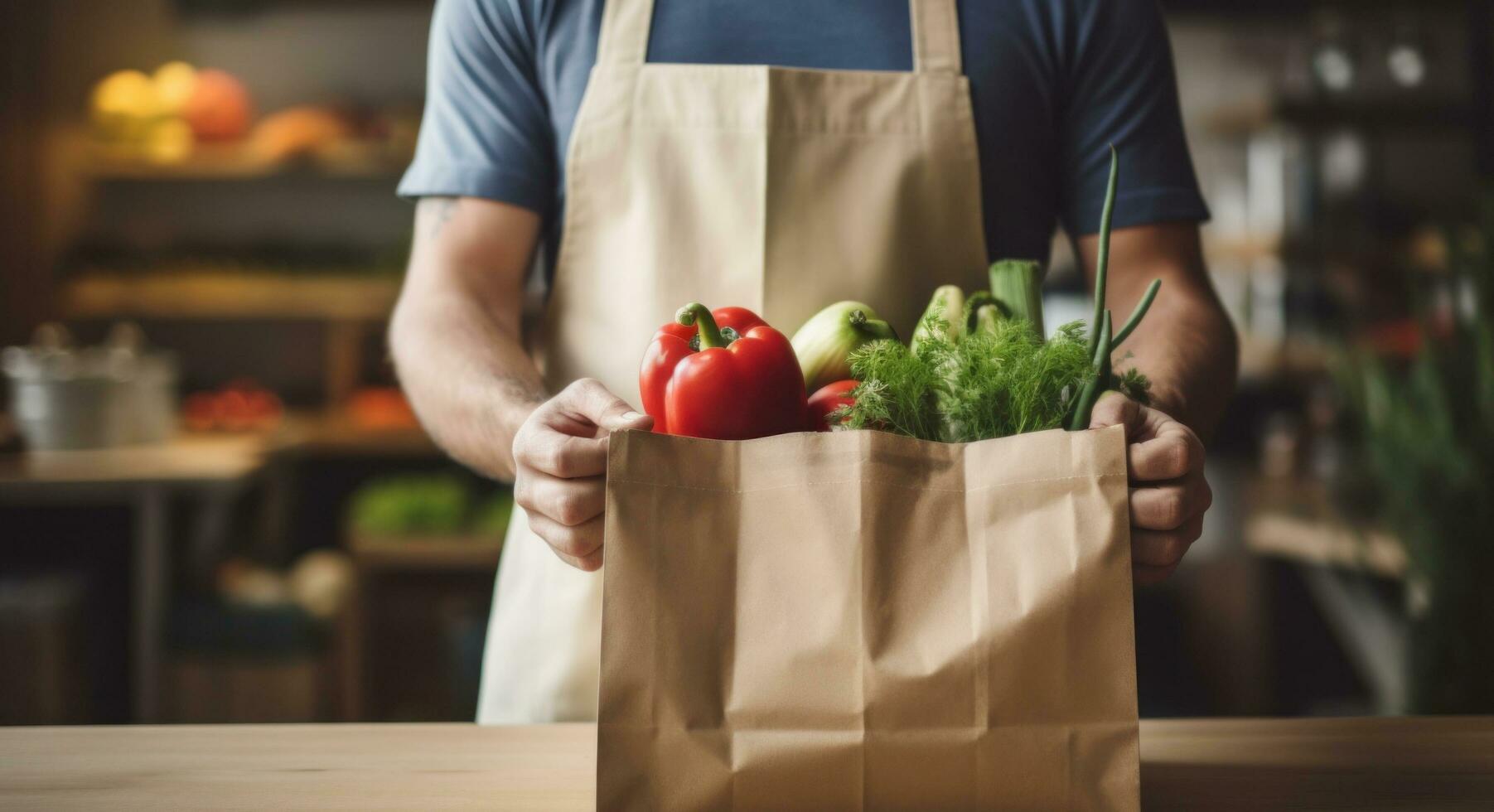 AI generated a man in a apron holding a paper bag with fruit and vegetables inside photo