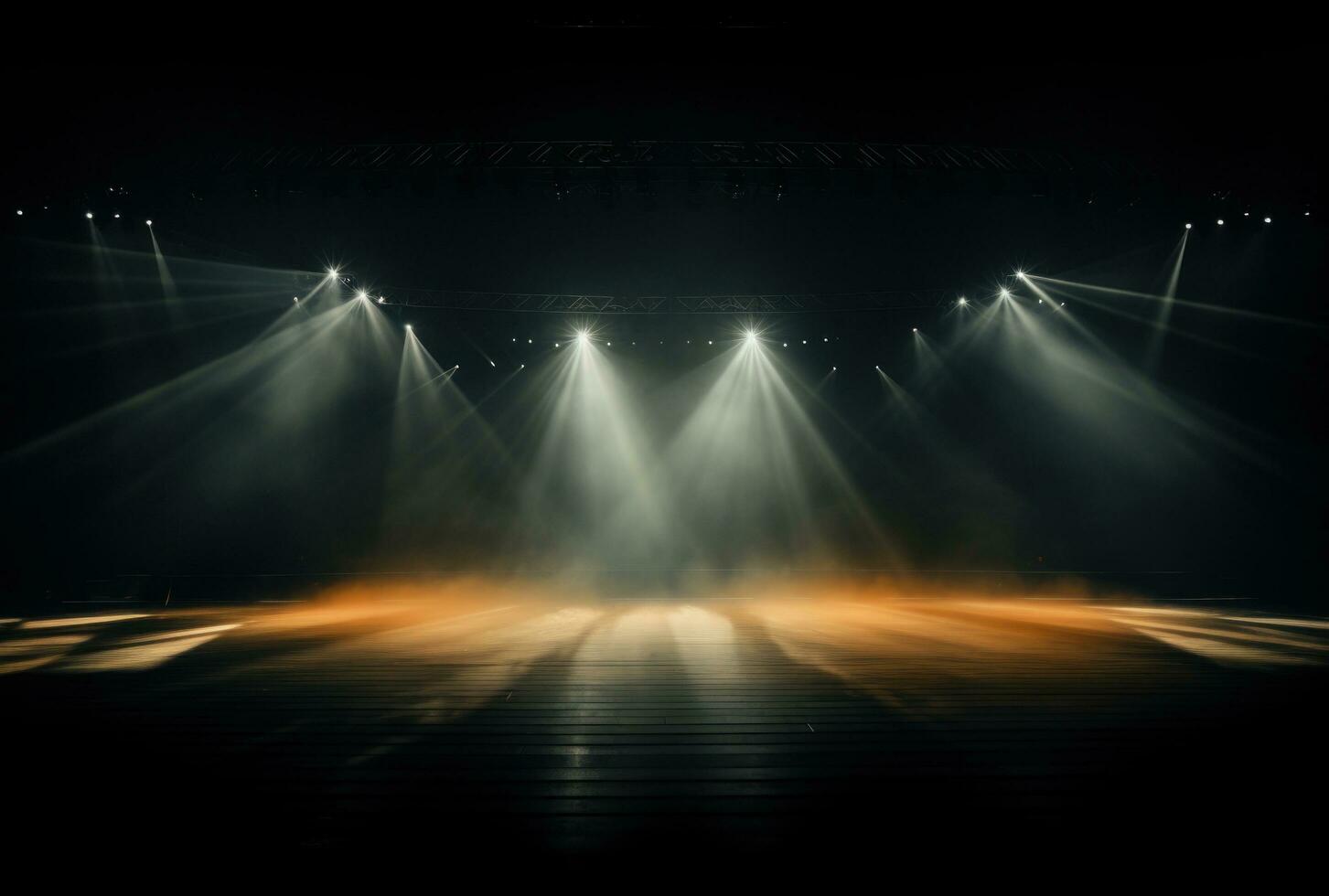 AI generated an dark stage with light beams on the sides photo