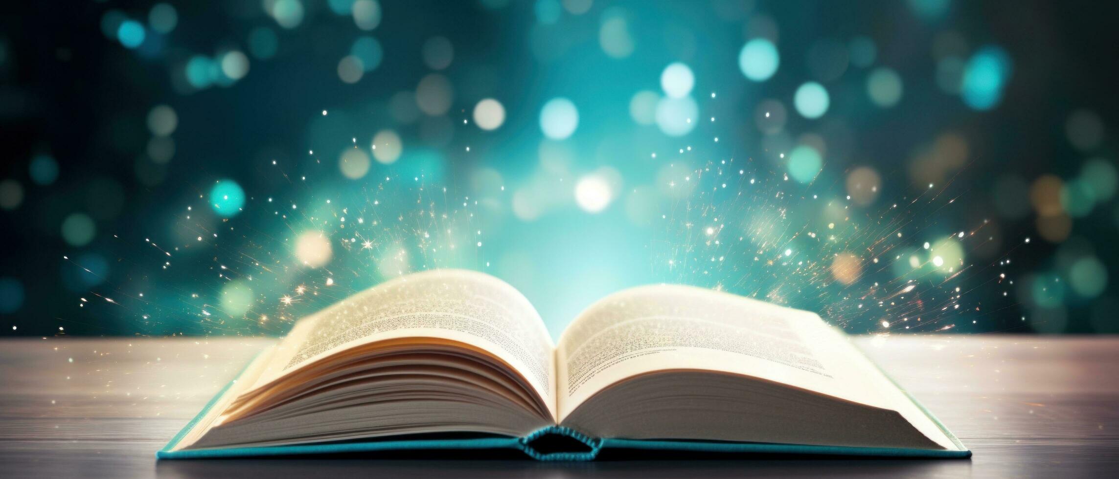 AI generated an open book on a table with lights bokeh photo