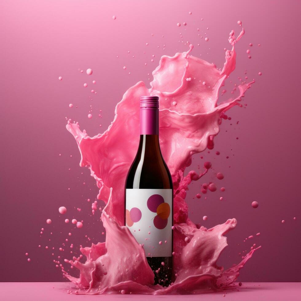 AI generated a wine bottle with a splash of pink liquids photo