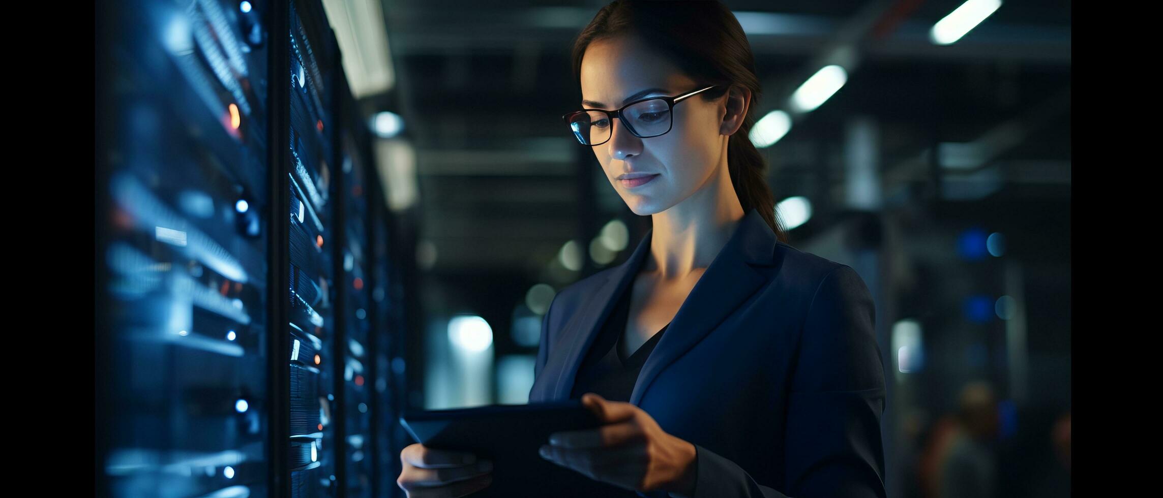 AI generated a woman in a server room with a tablet photo