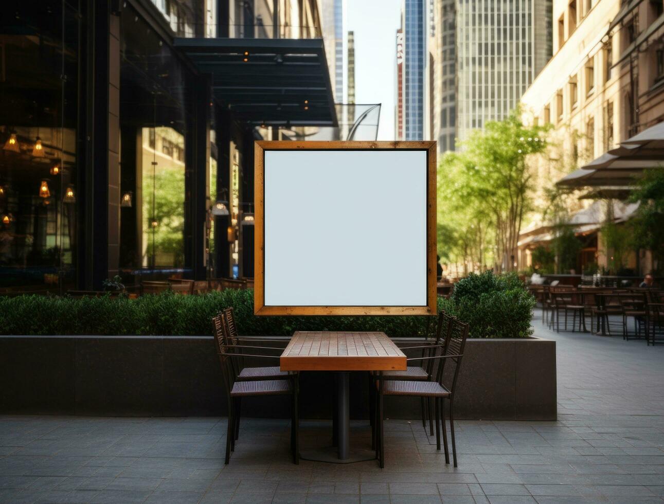 AI generated an empty billboard in the city's outdoor dining area photo