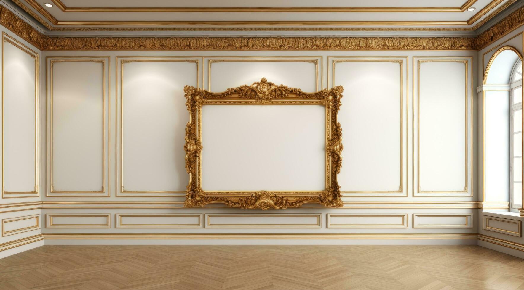 AI generated an art gallery with an empty frame hanging above a white floor, photo