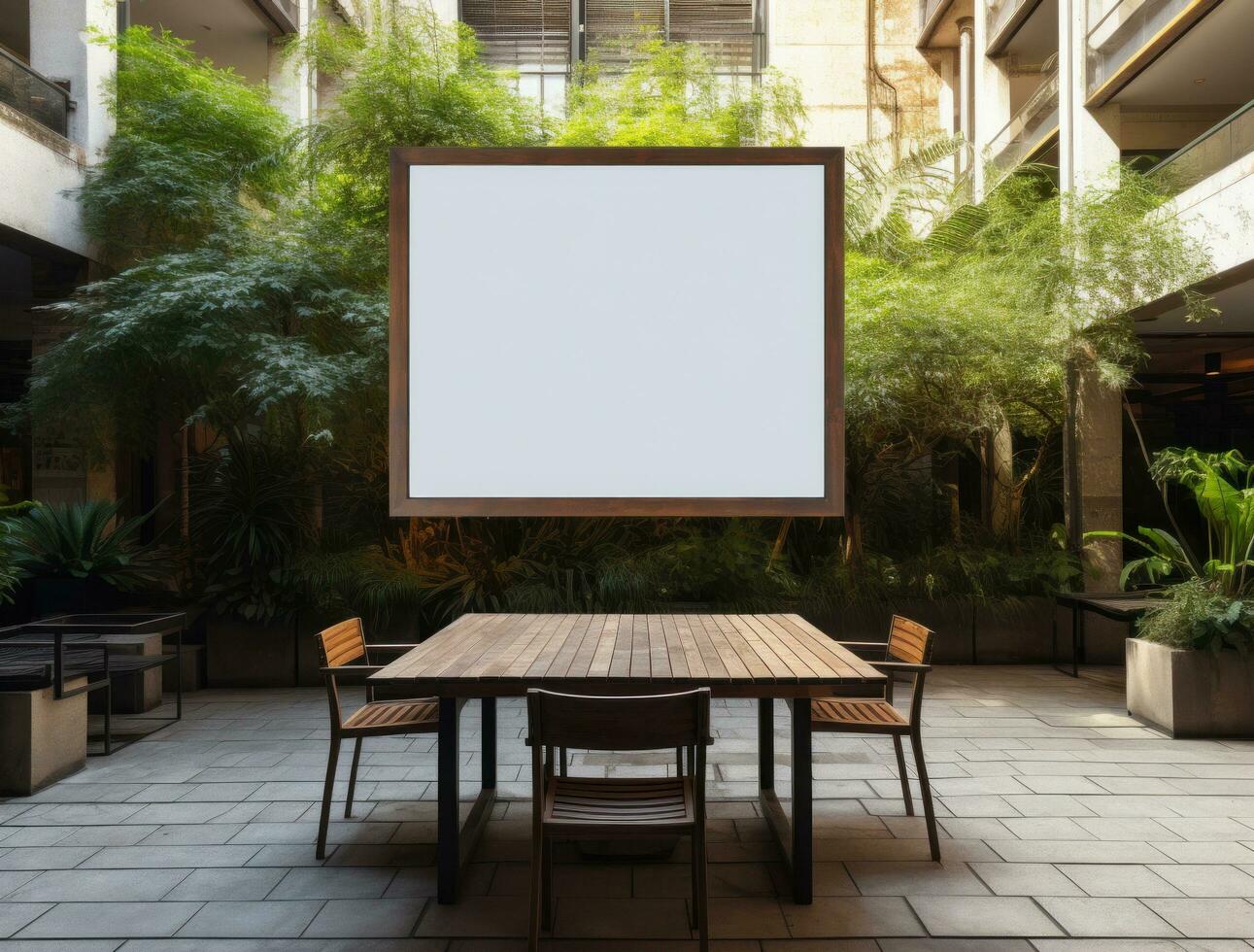 AI generated an empty billboard in the city's outdoor dining area photo