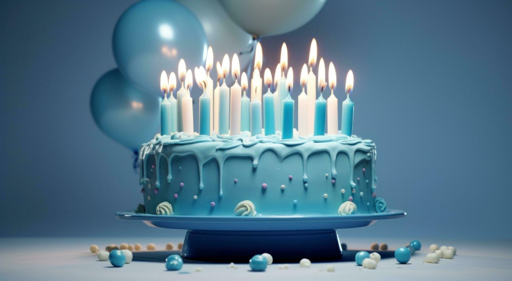 ai generado azul cumpleaños pastel con iluminado velas foto