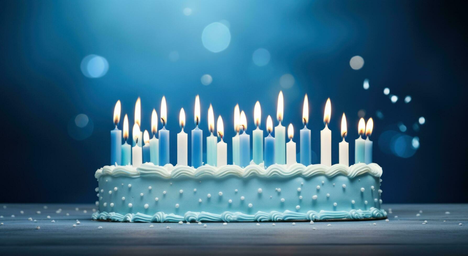 AI generated blue birthday cake with lit candles photo