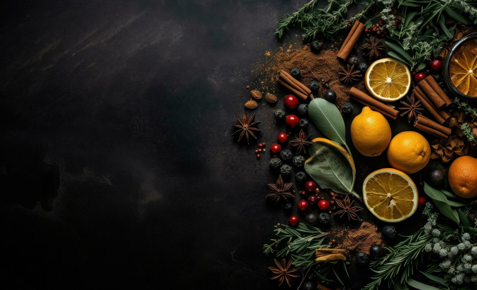 AI generated Christmas ingredients on black background photo