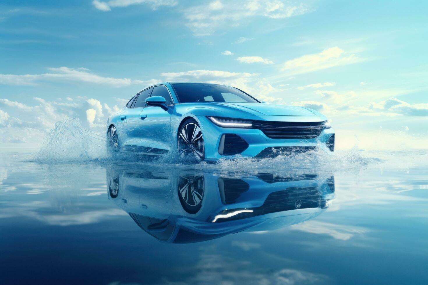 AI generated car flyer in the air on a lake photo