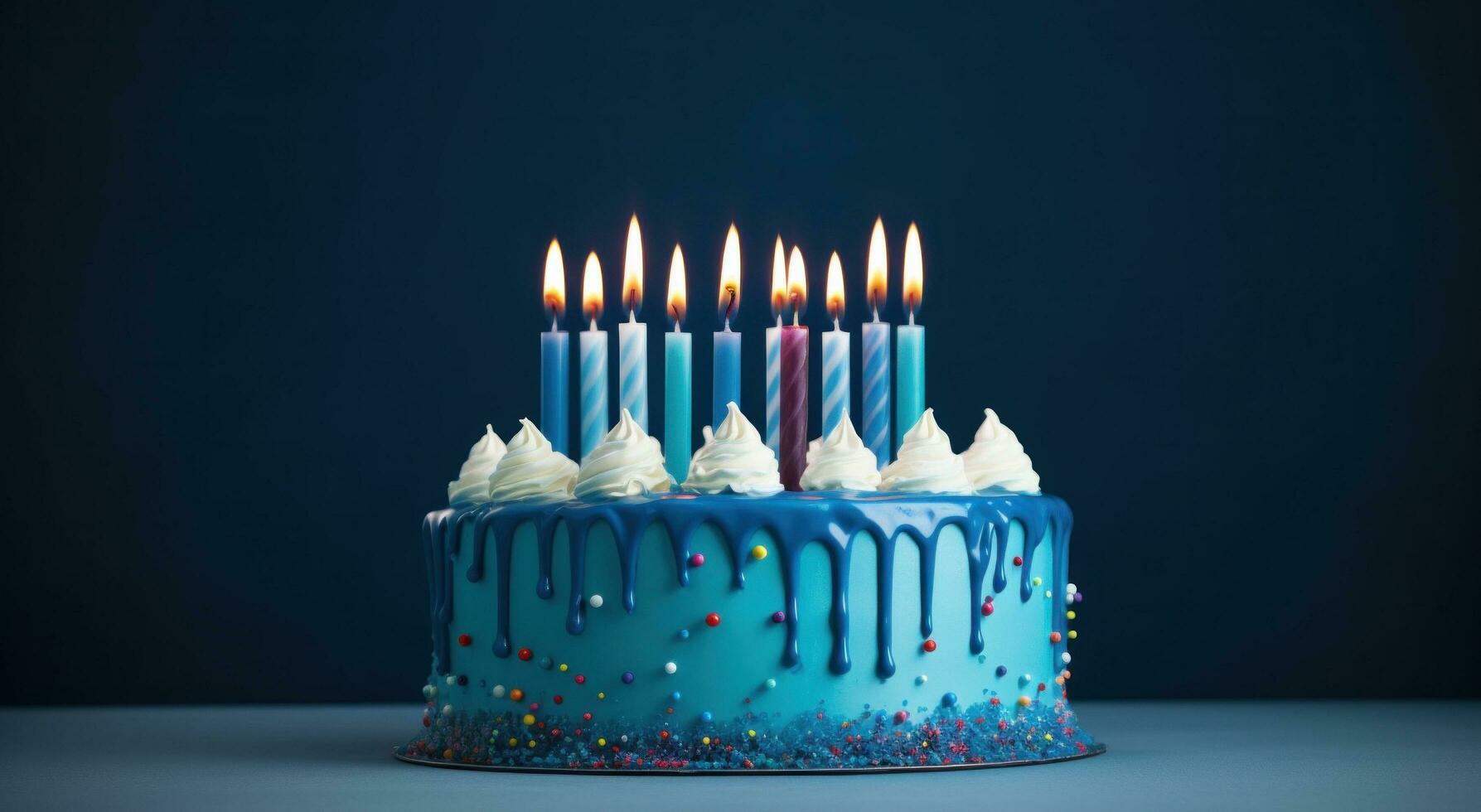 AI generated blue birthday cake with lit candles photo