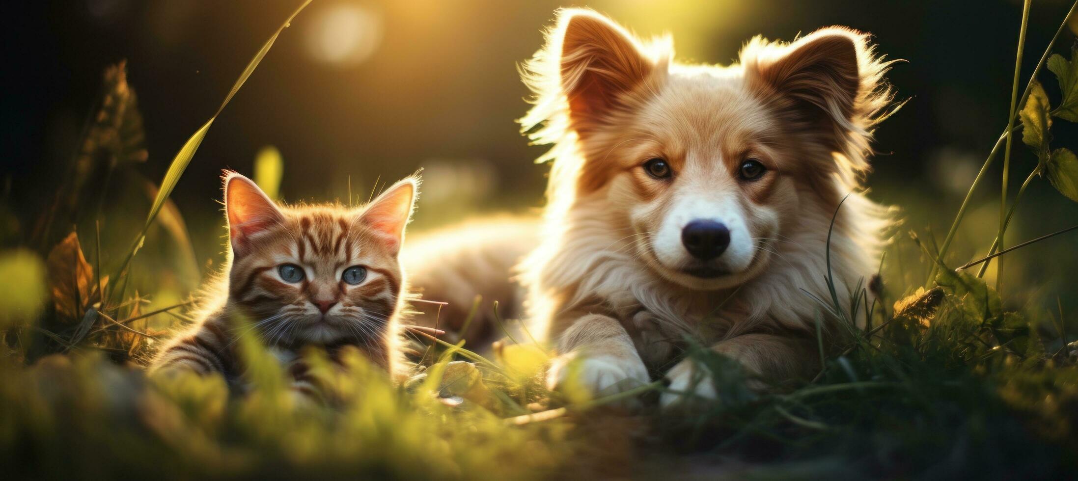 AI generated dog and cat in the grass together photo