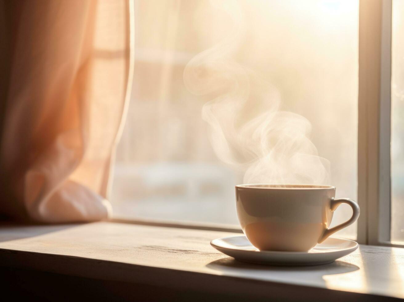 AI generated coffee with steam in a white cup and spoon in a window photo