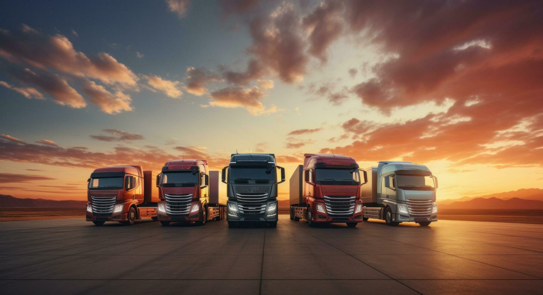 AI generated five commercial trucks are lined up at sunset photo