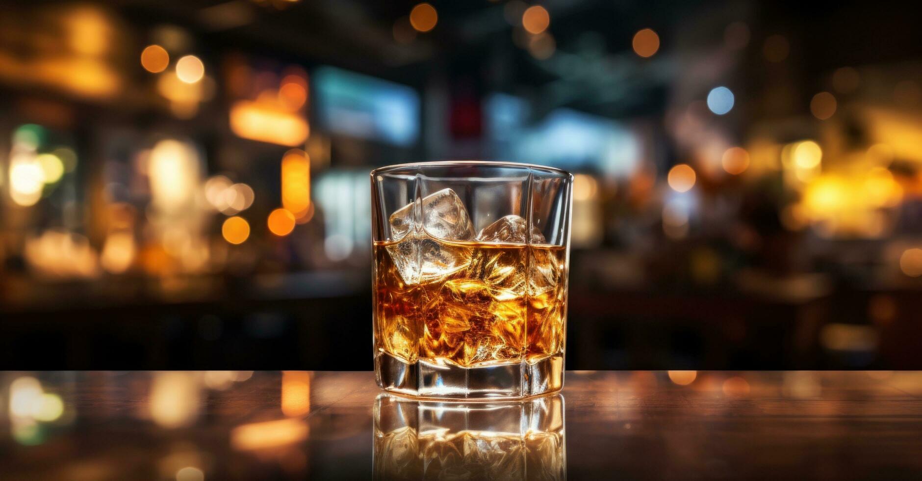 AI generated glass of whisky with ice cubes on table at bar photo