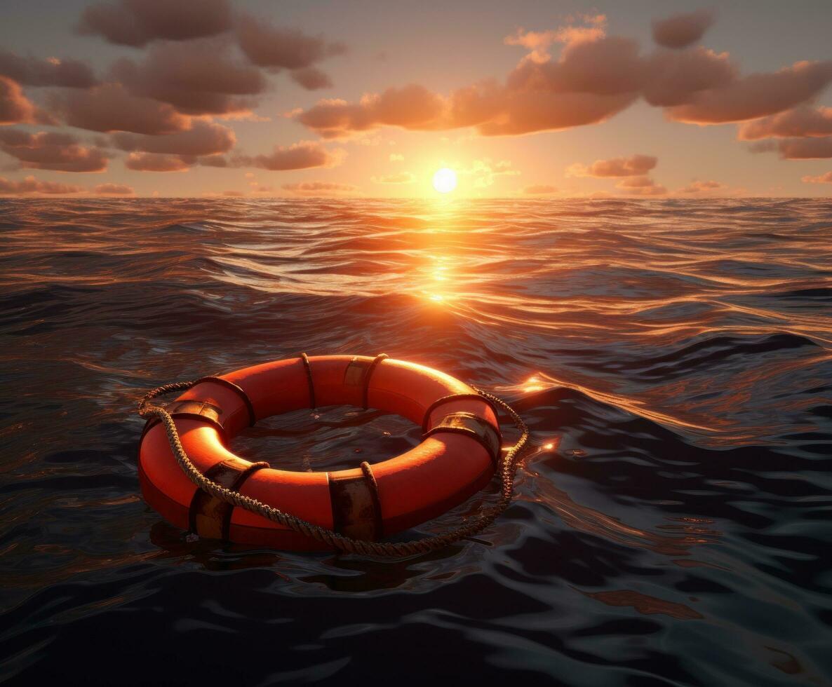 AI generated floating life preserver on water at sunrise photo