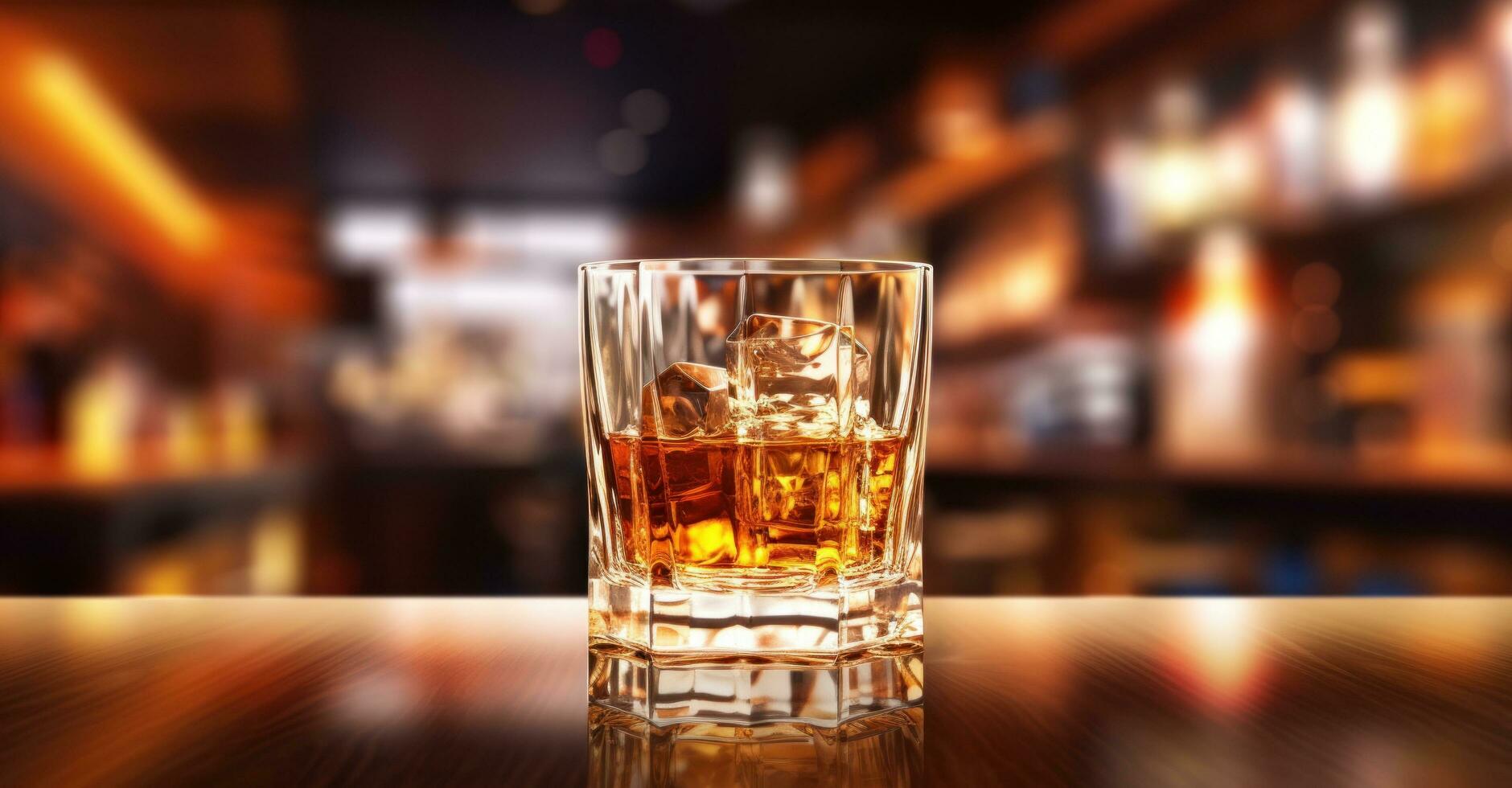 AI generated glass of whisky with ice cubes on table at bar photo