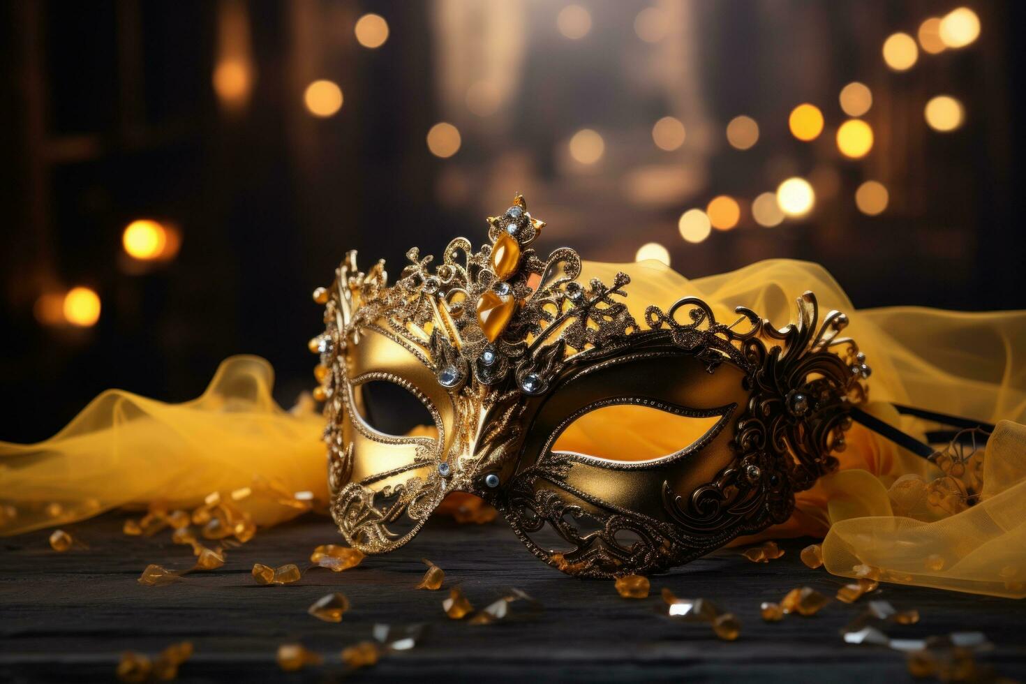 AI generated a yellow and gold masquerade mask with bling in gold and silver photo