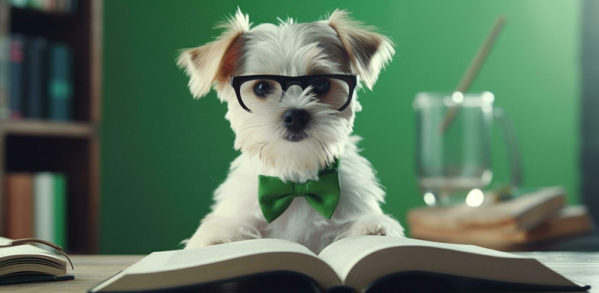 AI generated little dog in glasses reading the book photo