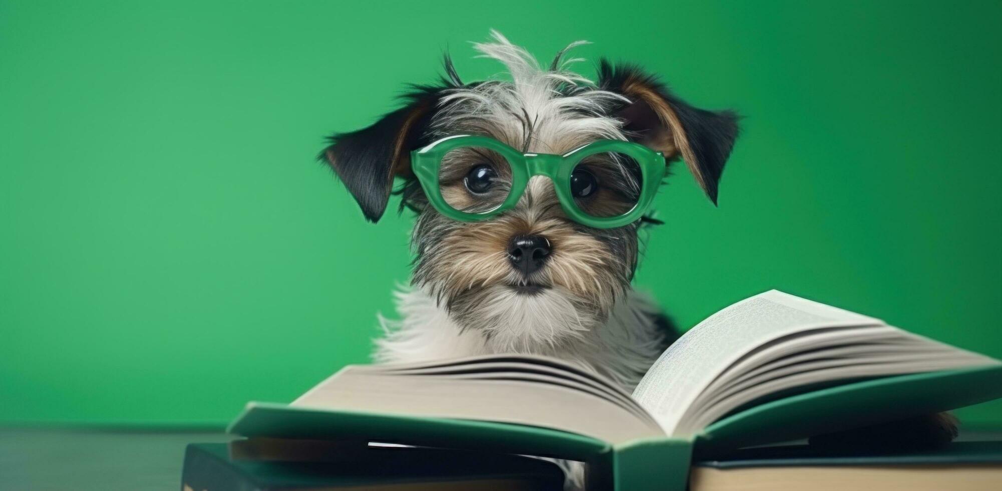 ai generado pequeño perro en lentes leyendo el libro foto