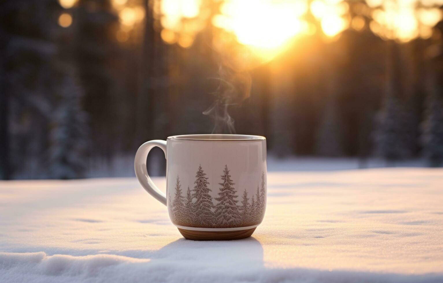 AI generated mug on wooden table with pine trees in the background photo