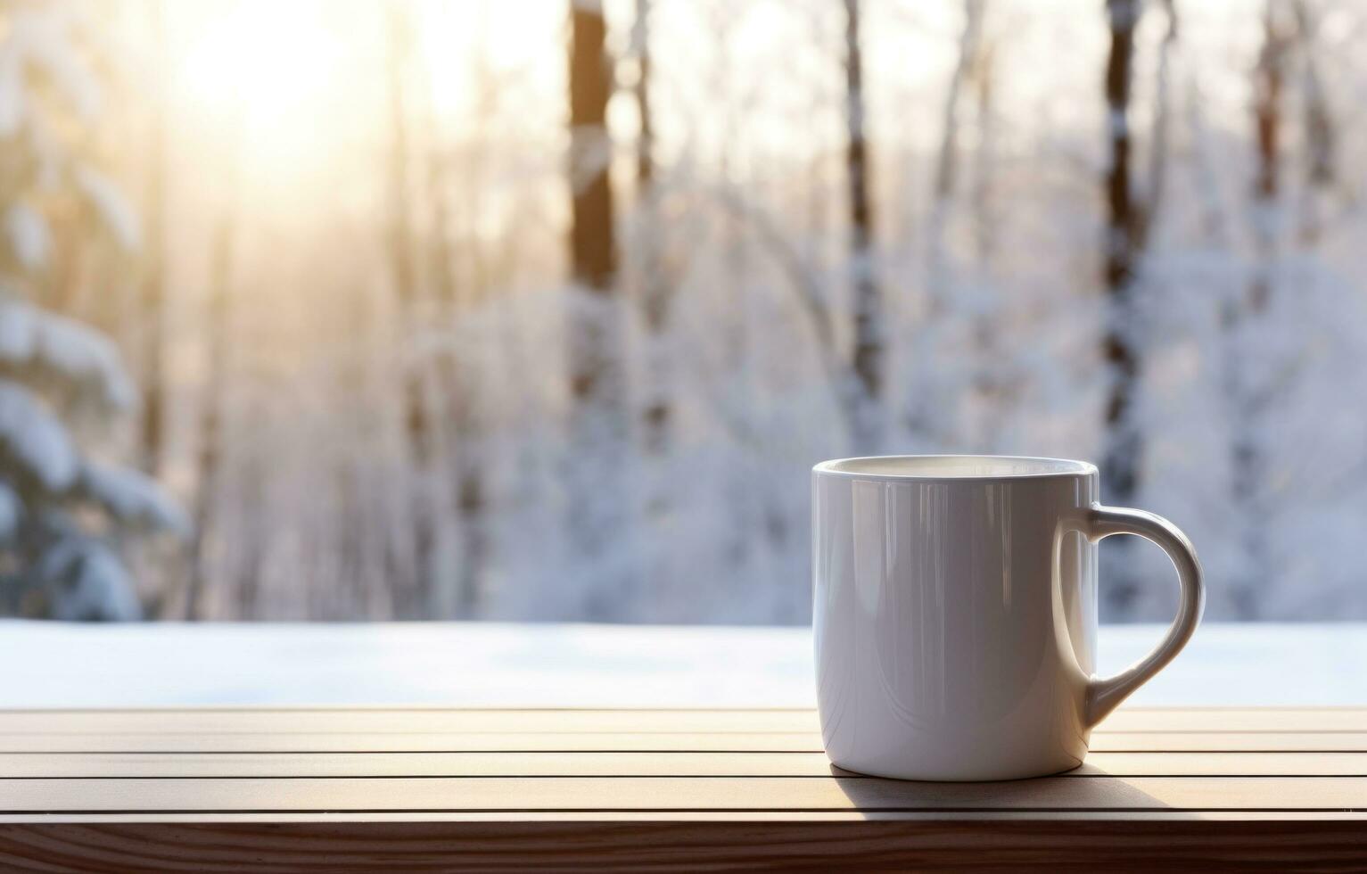 AI generated mug on wooden table with pine trees in the background photo