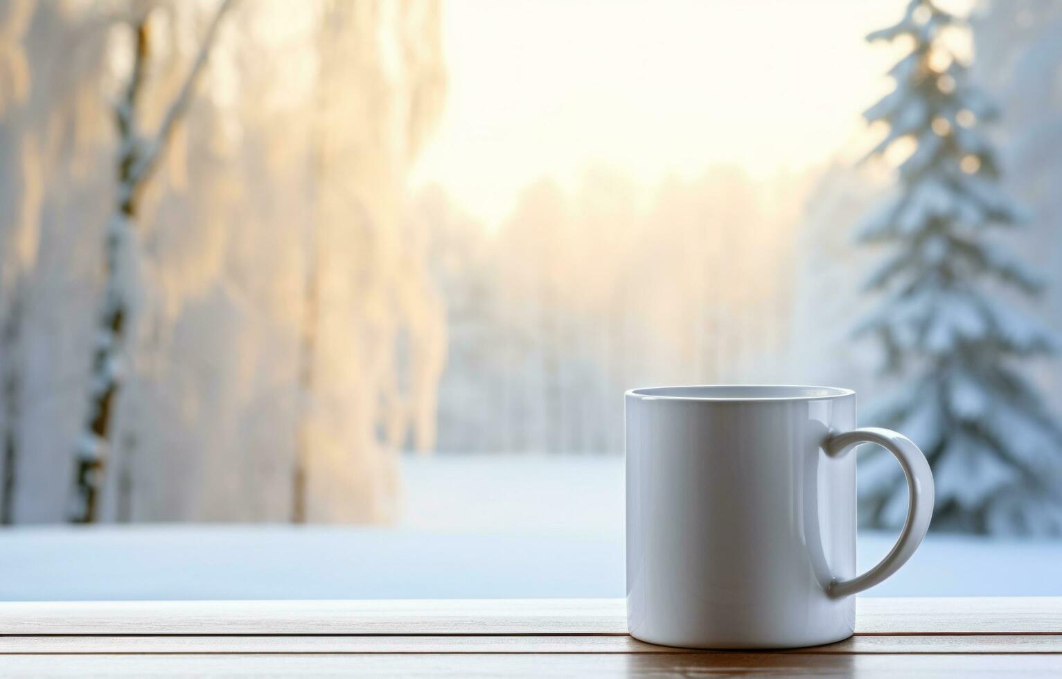 AI generated mug on wooden table with pine trees in the background photo