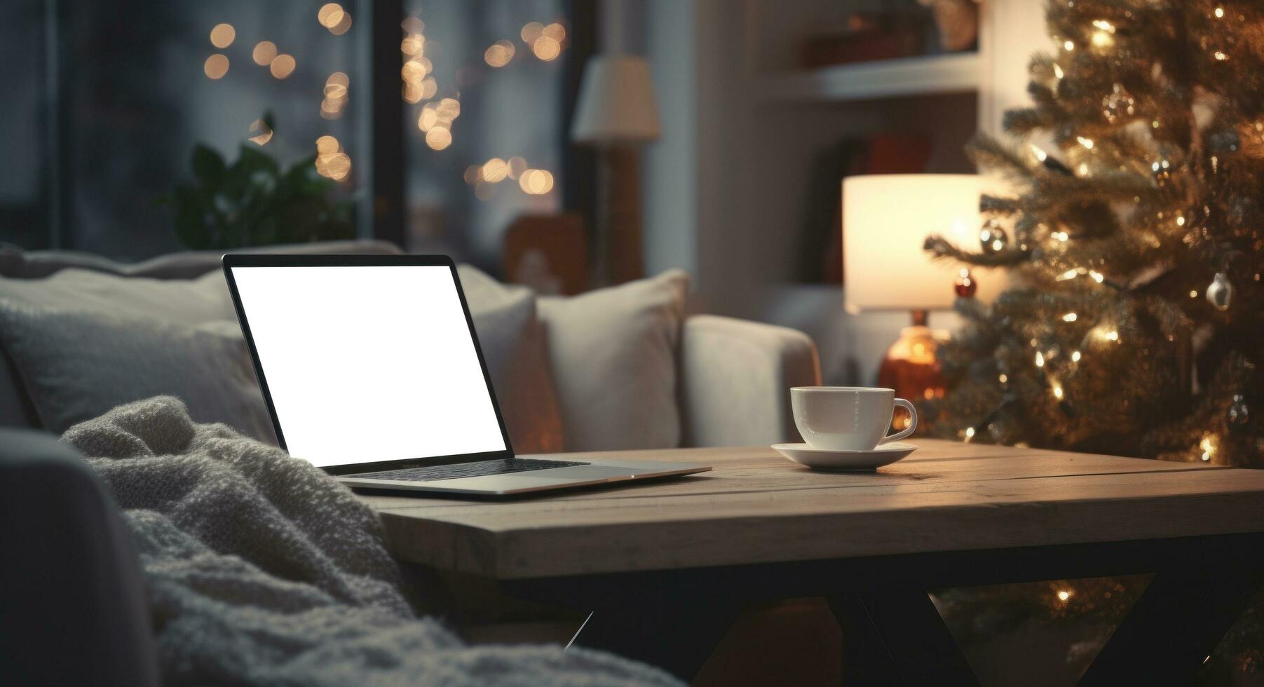 AI generated christmas laptop table with white computer and christmas tree photo