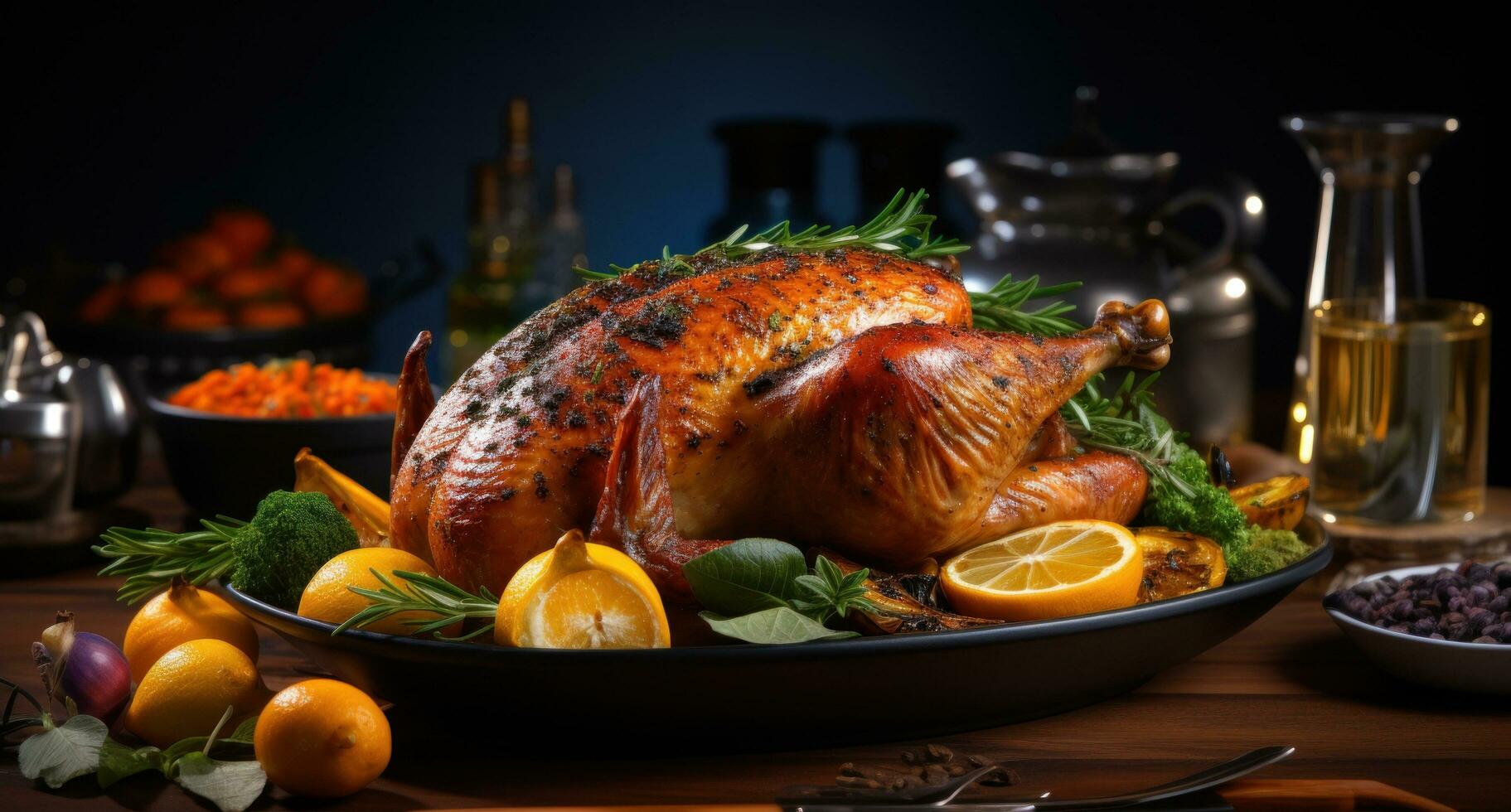 AI generated roasted turkey on a dish with herbs and spices photo