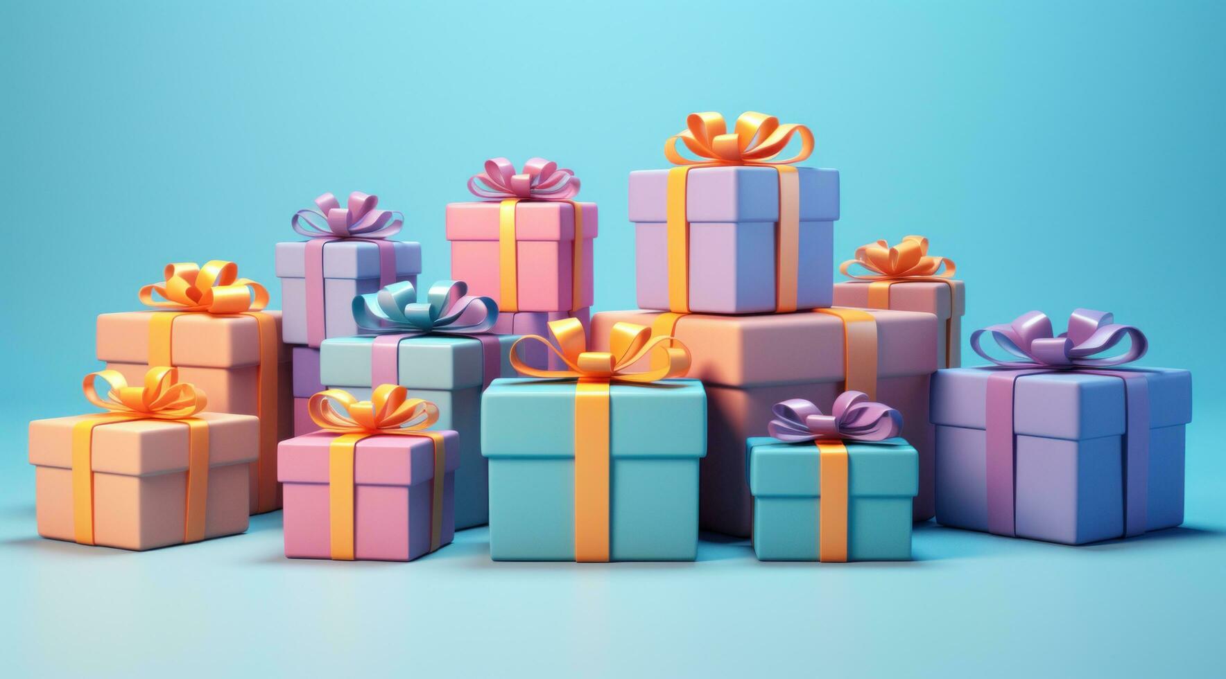AI generated several boxes of presents in rows on blue against a blue background photo