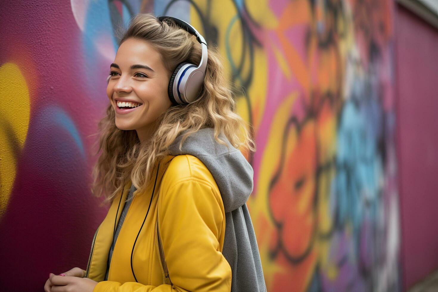 AI generated smiling young woman with headphones leaning against wall with graffiti photo