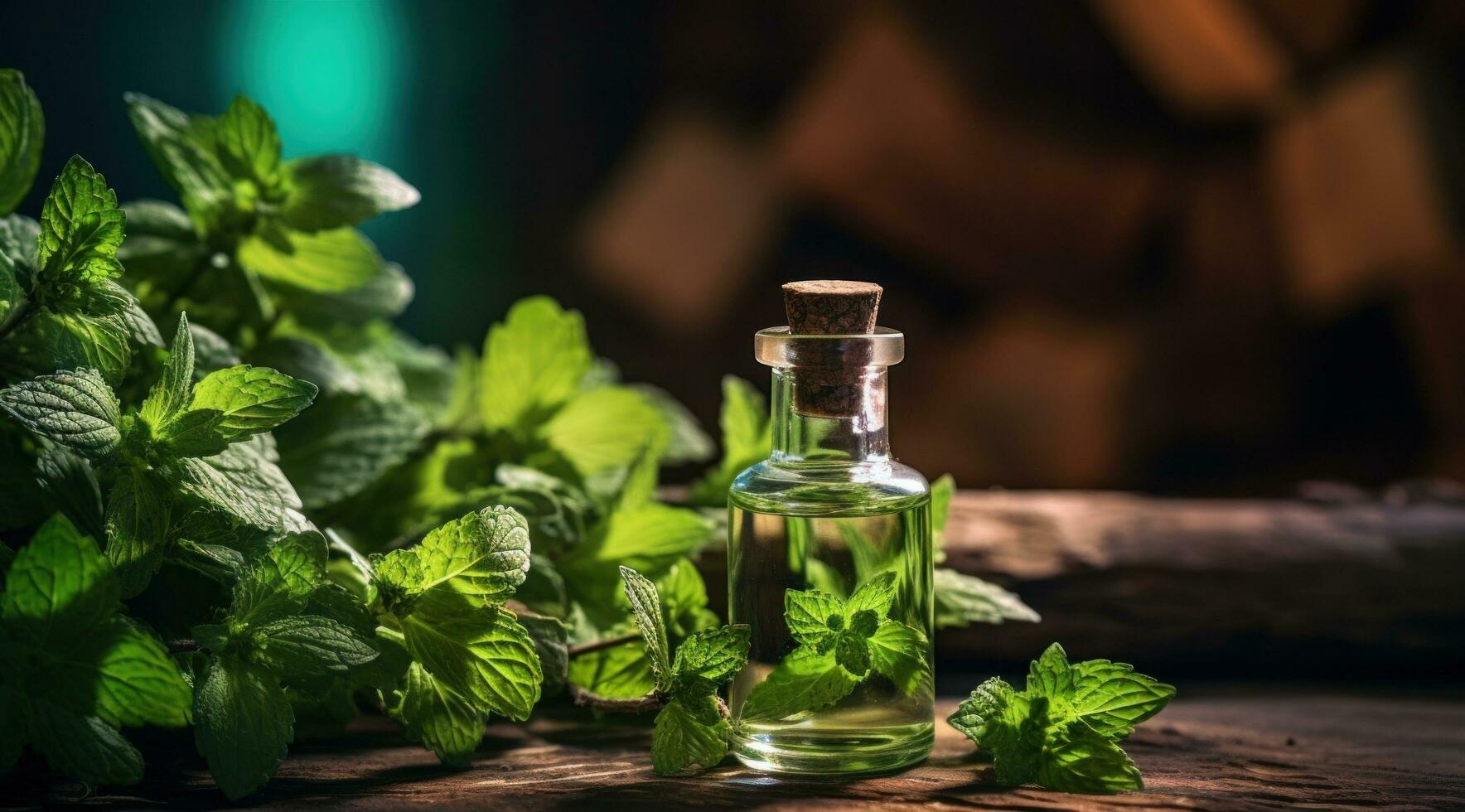 AI generated green leaves and mint leaves in an essential oil bottle with mint leaves photo