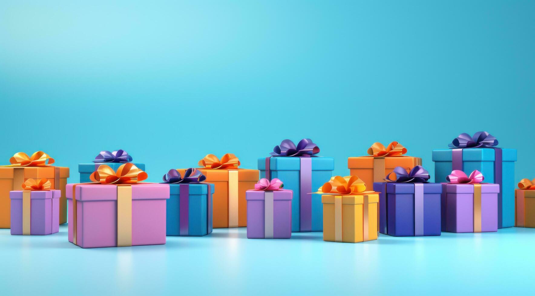 AI generated several boxes of presents in rows on blue against a blue background photo