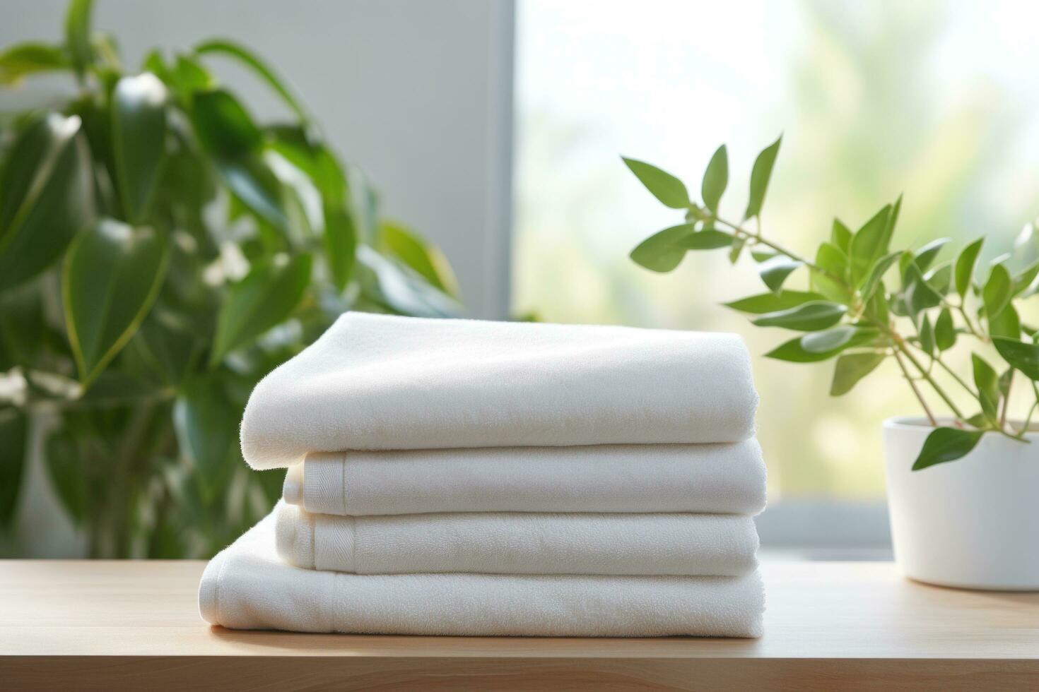 AI generated three white towel stacked next to a plant on a table photo
