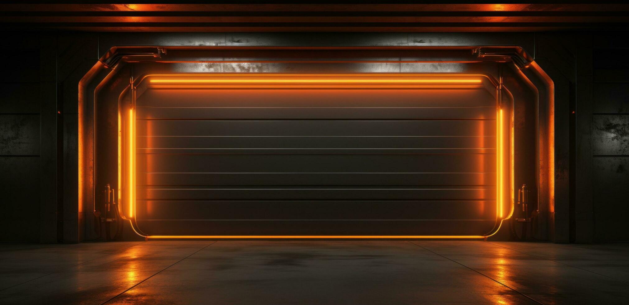 AI generated neon lights on an automatic garage door on black background photo