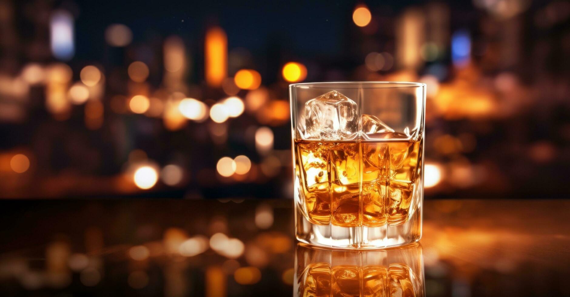 AI generated glass of whisky with ice cubes on table at bar photo