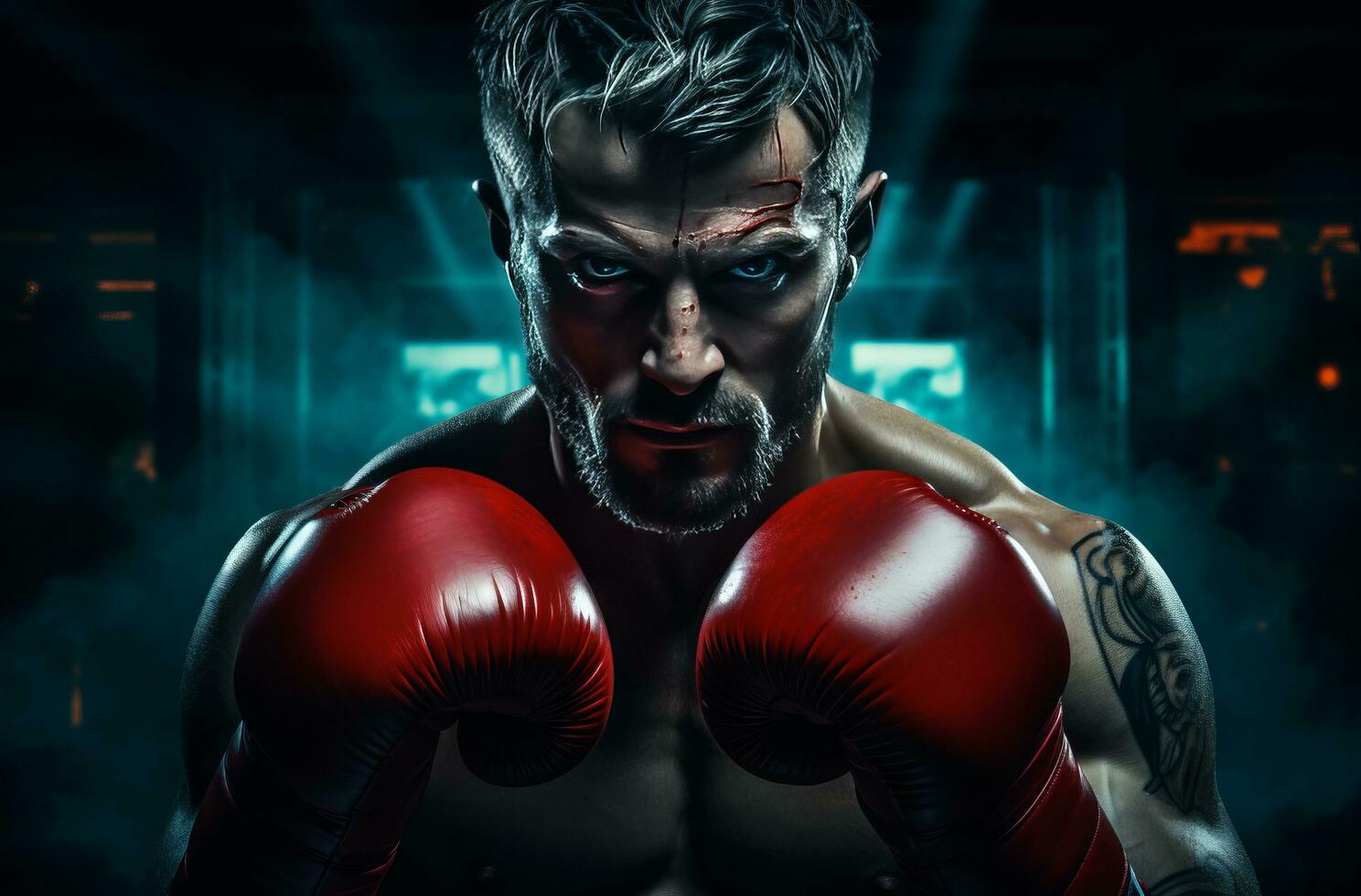 AI generated man boxing in a dark room, photo