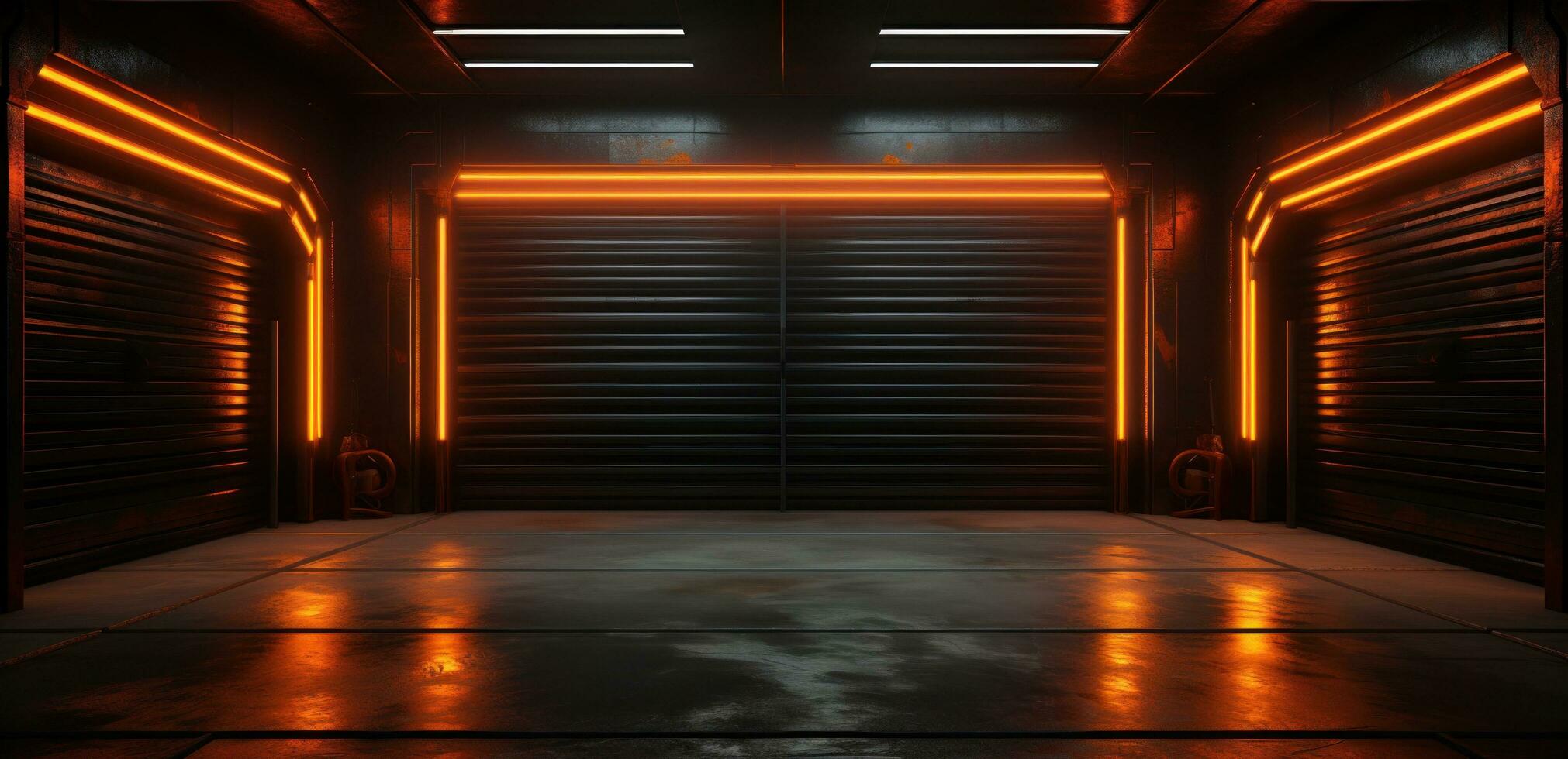 AI generated neon lights on an automatic garage door on black background photo