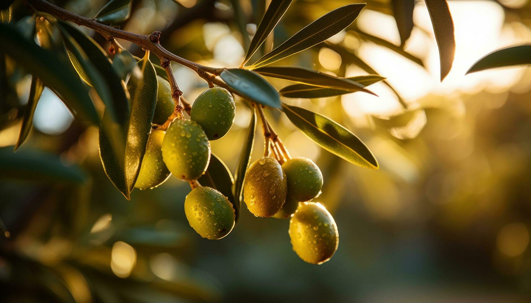 AI generated green olives on a branch with sun breaking over it photo