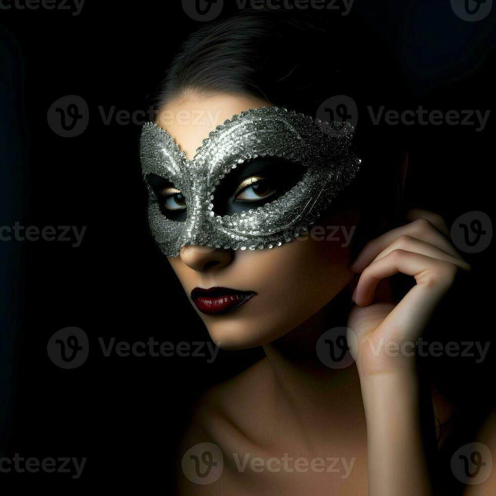 AI generated Portrait of woman with carnival mask fun at Mardi Gras party photo