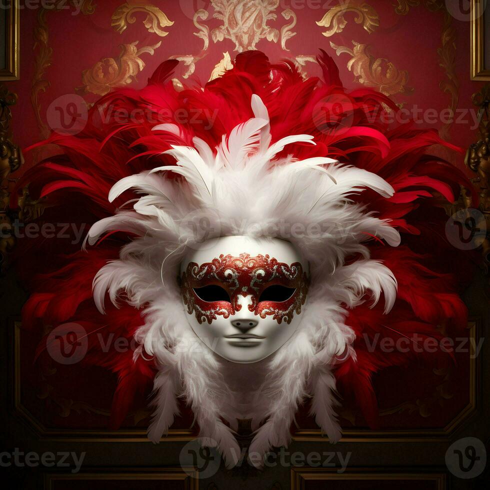 AI generated Mardi Gras party theme with red feather carnival face mask happy Mardi Gras photo