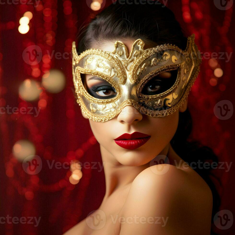 AI generated Young lovely woman closeup portrait with face mask for mardi gras event isolated red background photo