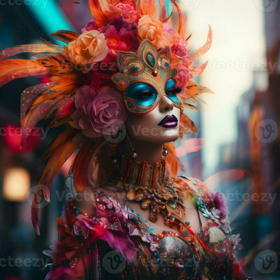 AI generated Beautiful young woman in carnival mask and masquerade costume at mardi gras party photo